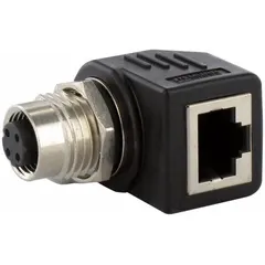 This panel feed-through adapter converts an M12 female straight connection to an RJ45 female right-angle connection. It features a PUR housing and is rated IP20, suitable for use in industrial Ethernet networks and control cabinets where a space-saving pass-through between internal and external cabling is required.