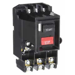 Non-reversing manual motor starter with thermal overload protection. Rated 27 A, NEMA Size M-0, 3 poles, maximum 600V AC. Requires three thermal units (not included). Used for starting and stopping motors in industrial control applications.