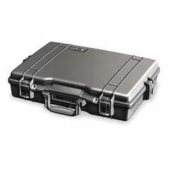 This PELICAN laptop case is constructed of plastic with rubber components and a latch closure. The black case has a 13 1/8 in x 18 7/8 in interior with dividers; foam insert is not included. It is designed for transporting laptops and accessories in field service, industrial, or travel applications.