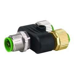 T-style coupler converting a single M12 male straight 4-pole connection to two M8 female straight 4-pole branches. Rated IP67 for protection against dust and water jets. Suitable for splitting signals in industrial sensor and actuator networks.