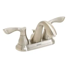 Centerset handle bathroom faucet with a mid-arc spout. Constructed of brass with a brushed nickel finish. Flow rate of 1.2 gpm. Suitable for residential and commercial bathroom sinks.
