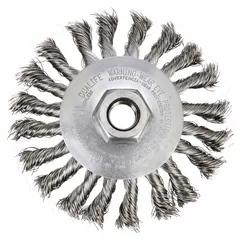 This heavy corner-cleaning brush is designed for stainless steel surfaces, featuring a twisted stainless steel fill of 0.014" to remove weld scale, rust, and burrs in tight angles. With a 4 1/2" diameter, 3/8" width, and 5/8"-11 arbor, it is suitable for use with angle grinders in industrial cleaning and finishing applications.