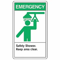 Adhesive-mounted vinyl safety label, 5 pack, nominal size 5 in x 3 1/2 in, 0.02 in thick. Not retroreflective, not glow-in-the-dark, no anti-slip surface. Used to mark emergency safety shower areas with a clear 'Keep Area Clear' message for compliance and safety in industrial facilities.