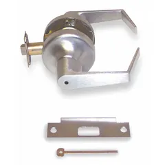 This privacy lever lockset is designed for interior doors requiring locking privacy, such as bathrooms or bedrooms. It features a satin chromium-plated heavy gauge steel finish and is ADA compliant. The Augusta style lever provides accessible operation. ANSI function code F76A.