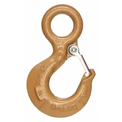 Alloy steel slip hook with gold finish, rated Grade 100. Features visual indicator markings for deformation and max angle. Used in rigging and material handling to attach slings to loads.