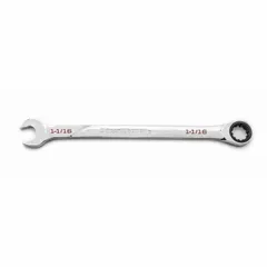 This SAE spline ratcheting combination wrench features a full polish chrome finish and a 1-1/16 in head size. It is designed for tightening or loosening fasteners in automotive repair, industrial maintenance, and mechanical assembly. The spline drive works on hex, square, and 12-point fasteners, providing versatility in confined spaces.