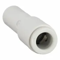 Brass push-to-connect adapter fitting for connecting 10 mm OD tubing to 16 mm OD tubing. Suitable for pneumatic systems in industrial automation, packaging, and material handling applications requiring leak-free connections