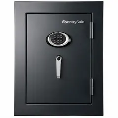 Free-standing security safe with 3.39 cu ft capacity, constructed from steel. Fire rated for flame/fire resistance. Features 7 locking bolts. Dimensions: 27 3/4 in H x 21 3/4 in W x 19 in D. Suitable for protecting documents and valuables in home or office environments where fire protection is required.