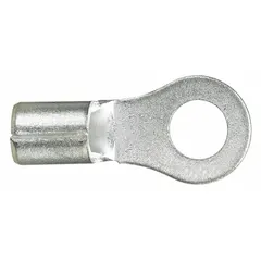 Non-insulated ring terminal for #10 studs, accepting 22 to 16 AWG wire. Serrated barrel ensures secure wire grip. Rated for 2000V. Suitable for industrial electrical terminations in control panels and machinery.