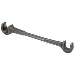 This double end valve wheel wrench is made of alloy steel with a black oxide finish. It has an overall length of 17 1/2 inches and is used for operating valve wheels in industrial piping systems.