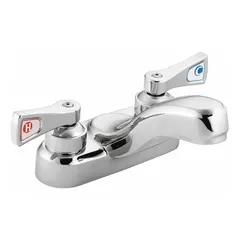 Centerset bathroom faucet with low arc spout and lever handle. Constructed of brass with chrome finish. Flow rate of 0.5 gpm. Includes mounting hardware. Suitable for residential and commercial bathroom sinks.