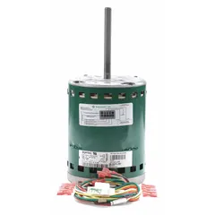 This GENTEQ Evergreen® EM motor is a 48-frame, open air over (OAO) enclosed ECM motor rated at 1 hp (750 W), 1,075 RPM, and 10.9 full-load amps on 115V AC, 60 Hz power. It features a belly-band mounting configuration and includes a wiring harness. Designed for direct-drive blower applications in HVAC systems such as furnaces, air conditioners, and heat pumps.