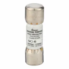 The BUSSMANN SC-6 is a Class G, SC Series fast-acting cylindrical fuse rated at 6 A and 600 V AC. It provides overcurrent protection in branch circuits and control panels where rapid response to short circuits is required. This non-indicating fuse is suitable for industrial equipment applications.