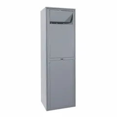 This HALLOWELL louvered metal wardrobe locker measures 26 inches wide by 21 inches deep by 84 inches high. It is a single-tier, single-unit-wide locker in a dark gray finish, supplied fully assembled. The locker includes a number plate for identification. Louvered metal construction allows ventilation, suitable for storing hanging garments and personal items in industrial, educational, or workplace settings.