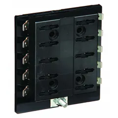 Open-style fuse block with 10 poles for blade automotive fuses. Features bolt-down mounting and quick-connect terminals. Suitable for power distribution and circuit protection in automotive, marine, and industrial electrical systems.