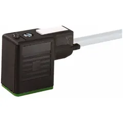 Single-ended cordset with female right-angle connector and bare wire termination. Features 3 pins, 18 AWG wire, 3-meter PVC cable with gray jacket, and IP67 rating. Used for connecting solenoid valves and sensors in industrial automation systems.