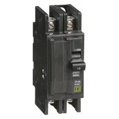 The SQUARE D QOU215 is a 15 A, 2-pole miniature circuit breaker from the QOU Series, rated for 120/240V AC with a maximum interrupting rating of 10kA at 120/240V AC. It provides overcurrent protection for single-phase heating applications in residential and light commercial settings.
