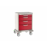 Steel cart with taupe cabinet and red drawers, configured with two swivel casters and two swivel casters with brake. Used in healthcare settings for organizing and transporting medical supplies, instruments, and equipment