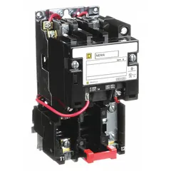 Non-reversing magnetic motor starter for single-phase motors. NEMA Size 00, 9 A, 2-pole, 120V AC coil. Screw clamp terminals. Requires one melting alloy thermal unit (not included). No operator, pilot light, or auxiliary contacts. Used for starting and protecting motors in applications such as conveyors, pumps, and fans.