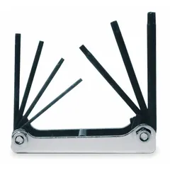 Folding Torx key set containing 7 tips in sizes T6, T7, T8, T9, T10, T15, and T20. The keys are organized in a standard-end folding holder for compact storage and easy access. Suitable for driving Torx fasteners in assembly, maintenance, and repair tasks.