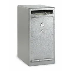 Steel depository safe with key lock and deposit slot. 0.23 cu ft capacity, 8 1/2 in H x 6 in W x 12 3/10 in D. Not fire rated. Suitable for securing cash or documents in retail, office, or service settings.
