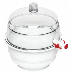 Round vacuum desiccator with 0.2 cu ft capacity, made of polycarbonate. Includes a lid. Overall diameter 9 1/8 in. Used in laboratory settings for storing moisture-sensitive materials under vacuum, drying samples, and maintaining low-humidity environments.
