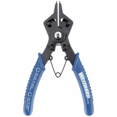 Convertible retaining-ring pliers for installing and removing external and internal retaining rings. Suitable for bore diameters from 1/2 in to 1 1/2 in and ring sizes 6 to 8 in. Tip diameter is 0.055 in.