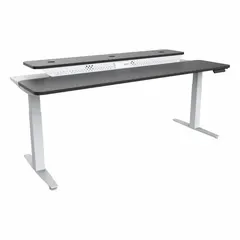 Electric sit-stand desk with a white laminate wood top and black steel frame. Overall dimensions: 72 inches wide by 30 inches deep. Suitable for office or home-office environments where alternating between sitting and standing is desired.
