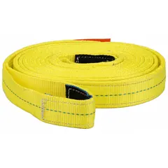 This LIFT-ALL tow strap is a heavy-duty, 2-ply polyester strap with a 20 ft overall length and 2 in width. It features eye attachments on both ends and is yellow in color. Used for towing vehicles and equipment in recovery or transport applications.