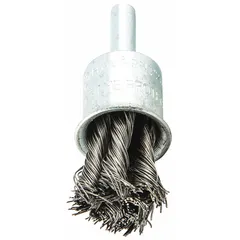 This end brush features a twisted steel fill with a 0.014 in fill diameter, designed for heavy cleaning on carbon steel surfaces. It has a 3/4 in diameter and a 1/4 in shank. Typical applications include removing rust, scale, and weld slag, as well as deburring and surface preparation in metal fabrication and maintenance.