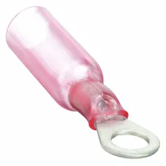 Heat shrink insulated ring terminal for #8 stud size, rated 600 V. Accepts 22 AWG to 18 AWG wire. Provides a secure, corrosion-resistant connection in electrical wiring applications.