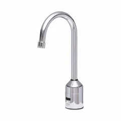 This single-post sensor faucet is constructed of brass with a chrome finish. It includes a single supply hose and features a spray function with UNEF threads. Designed for hands-free operation in commercial bathroom settings, it reduces water waste and improves hygiene.