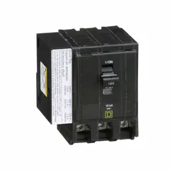 Three-phase, 3-pole miniature circuit breaker rated 100 A at 120/240V AC with a maximum interrupting rating of 10kA. Plug-in design for use in QO Load Centers and NQ Panelboards. Provides overcurrent protection for branch circuits in power distribution systems.