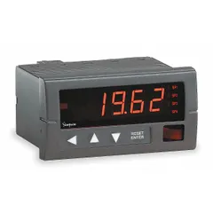 DC voltage digital panel meter with red LED display, 1,999 display span, and accuracy of +/-0.1% of reading +/-1 count. Features RS-485 interface, two SPDT relay contacts rated at 5 A @ 120V AC, and screw clamp terminals. NEMA 4X enclosure suitable for industrial control panels and process automation.