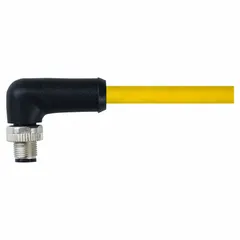 Single-ended cordset with a yellow TPE jacket for heaviest-duty applications. Features an M12 male right-angle connector on one end and bare wire on the other, with 4 pins, 5 m cable length, 16 AWG wire size, and IP67 rating. Supports up to 12 A max current. Suitable for connecting sensors, actuators, and automation equipment in harsh industrial environments.