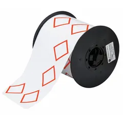 Red GHS/CLP 4A diamond precut label roll with no legend. Made of vinyl with acrylic adhesive. Dimensions: 4 1/8 in x 6 3/32 in, 4 9/64 in. Compatible with Brady i3300 printer series. Used for chemical hazard labeling in industrial facilities to meet GHS/CLP pictogram requirements.