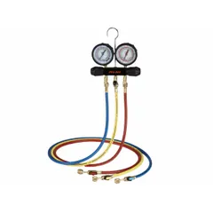 Analog manifold gauge set with 3-1/2 inch gauge, two valves, and three color-coded hoses with SAE connections. Includes gauge boots for protection. Compatible with R-134A, R-22, R-404A, and R-410A refrigerants. Used for HVAC and refrigeration service tasks such as charging, evacuation, and pressure testing.