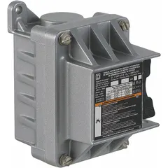 Enclosed manual motor switch for hazardous locations, with 3 poles and a 20 A rating. Features a 0.75 in hub diameter and feed-through wiring. Not factory sealed. Used for local on/off control of motors in environments where flammable gases, vapors, or combustible dusts may be present.