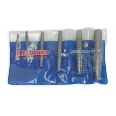 6-piece spiral-flute extractor set for removing broken or stripped screws. Includes sizes #1 through #6, with a capacity of #8 to 1 inch. Suitable for use on metal, wood, or plastic.
