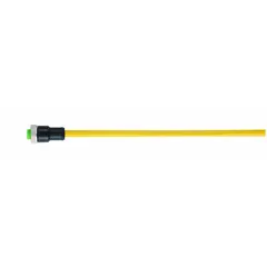 Single-ended cordset with a 7/8" female straight connector on one end and bare wire on the other, designed for flexing applications in industrial automation. Features 3 pins, 16 AWG wire, a 1.5 m yellow PVC jacket, and IP68 rating. Rated for 12 A maximum current.