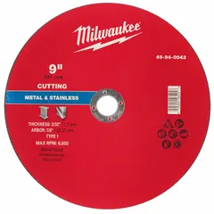 This MILWAUKEE cut-off wheel is a Type 1 wheel measuring 9 inches in diameter, 3/32 inch thick, with a 7/8 inch arbor hole. It features aluminum oxide abrasive in 30 grit, designed for general-purpose cutting of carbon and stainless steel. Typical applications include metal fabrication, maintenance, and repair tasks.