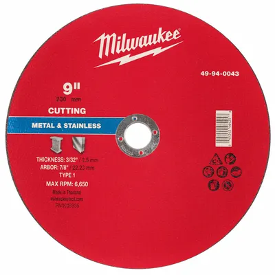 MILWAUKEE Cut-Off Wheel: Type 1, 9" x 3/32" x 7/8", Aluminum Oxide - General Purpose Cut-Off Wheels for Carbon & Stainless Steel