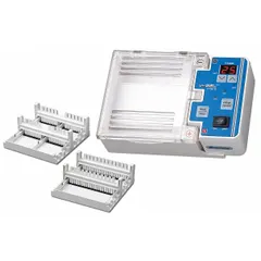 Double-sided plastic comb for casting sample wells in agarose or polyacrylamide gels during electrophoresis. Includes two combs. Compatible with model E1101-CS1.