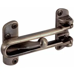 Brass swing bar door guard for hotel doors. Measures 2 1/2 in height, 2 1/2 in width, and 3 7/8 in length. Allows door to open a few inches for visitor identification before granting full entry.