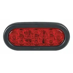 Red oval LED stop light for permanent installation on vehicles and trailers. Features a grommet mount and wire harness electrical connection. Complies with FMVSS 108 standards. Overall height 2 3/8 in.