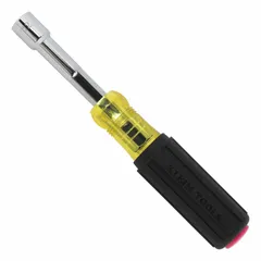 This pass-through nut driver features a hollow hex shaft and a magnetized tip for securely driving metric hex nuts onto threaded rods or bolts. It is suitable for fastening applications in electrical, mechanical, and assembly work where access to long threads is required.