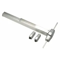 Aluminum surface vertical rod exit device with touchbar for doors up to 3 ft wide. Provides reliable egress in commercial and industrial buildings where code-compliant emergency exit is required.