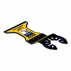 Carbide straight cutting blade for oscillating tools, 1 3/4 in width. Open-back universal OIS mount. Designed for cutting metal sheets, pipes, and profiles in construction and fabrication.
