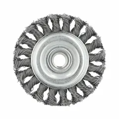 Twisted steel wire wheel brush for heavy cleaning of contoured carbon steel surfaces. Removes rust, scale, and weld splatter from irregular shapes. 4 in diameter, 5/8"-11 arbor, 0.02" fill. Suitable for fabrication and maintenance applications.