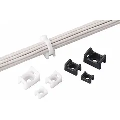 Natural screw mount cable tie base for securing wiring in control panels, data centers, and electrical installations. Measures 0.87 in L x 0.62 in W x 0.38 in H with a 0.25 in screw mount hole. Accommodates miniature, intermediate, and standard cable ties. Pack of 1,000.
